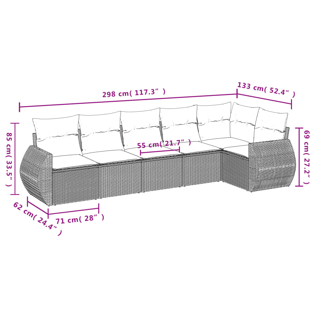 6-delige Loungeset met kussens poly rattan bruin