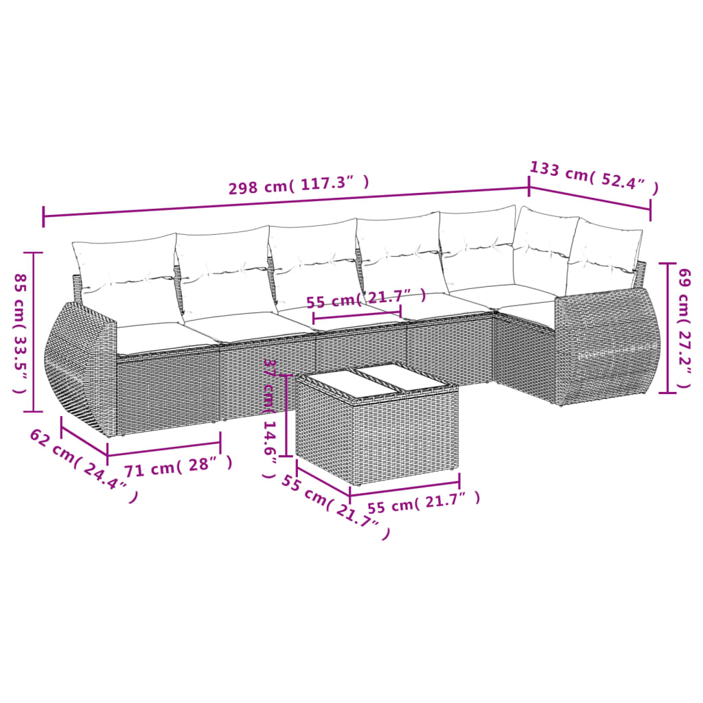 7-delige Loungeset met kussens poly rattan bruin