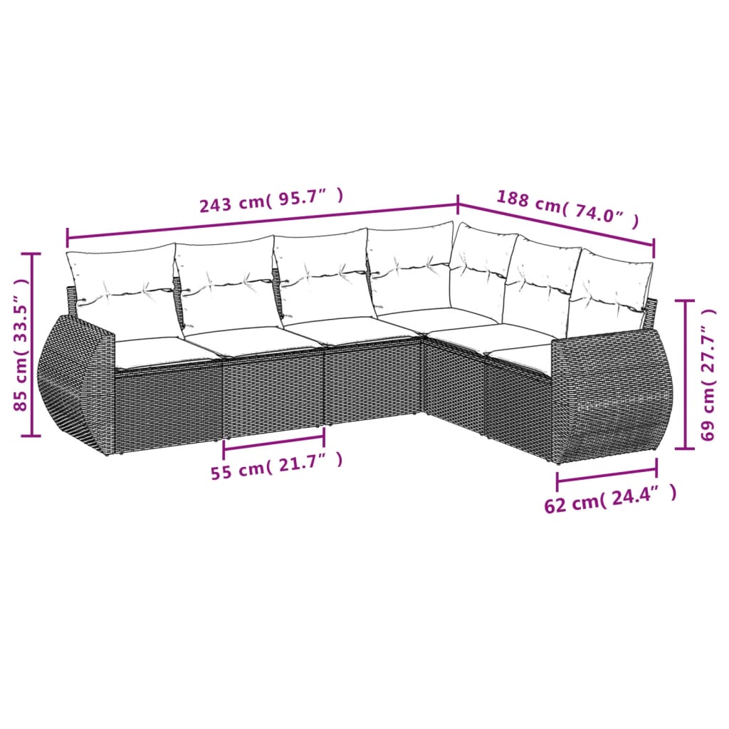 6-delige Loungeset met kussens poly rattan bruin