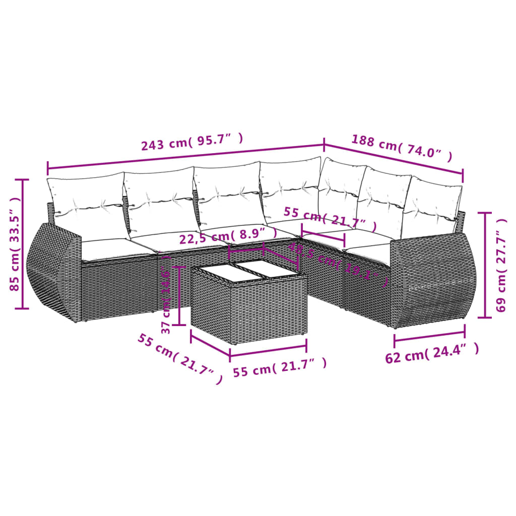 7-delige Loungeset met kussens poly rattan lichtgrijs