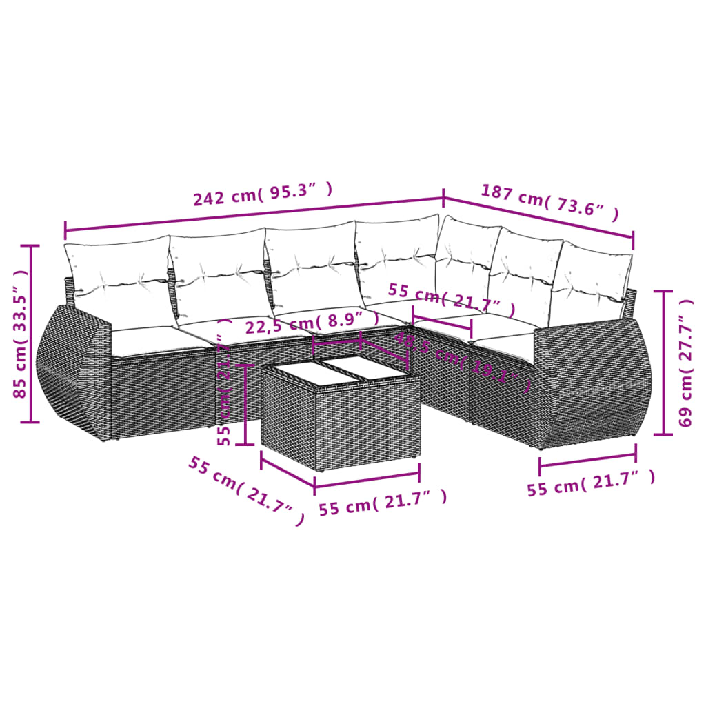 7-delige Loungeset met kussens poly rattan bruin