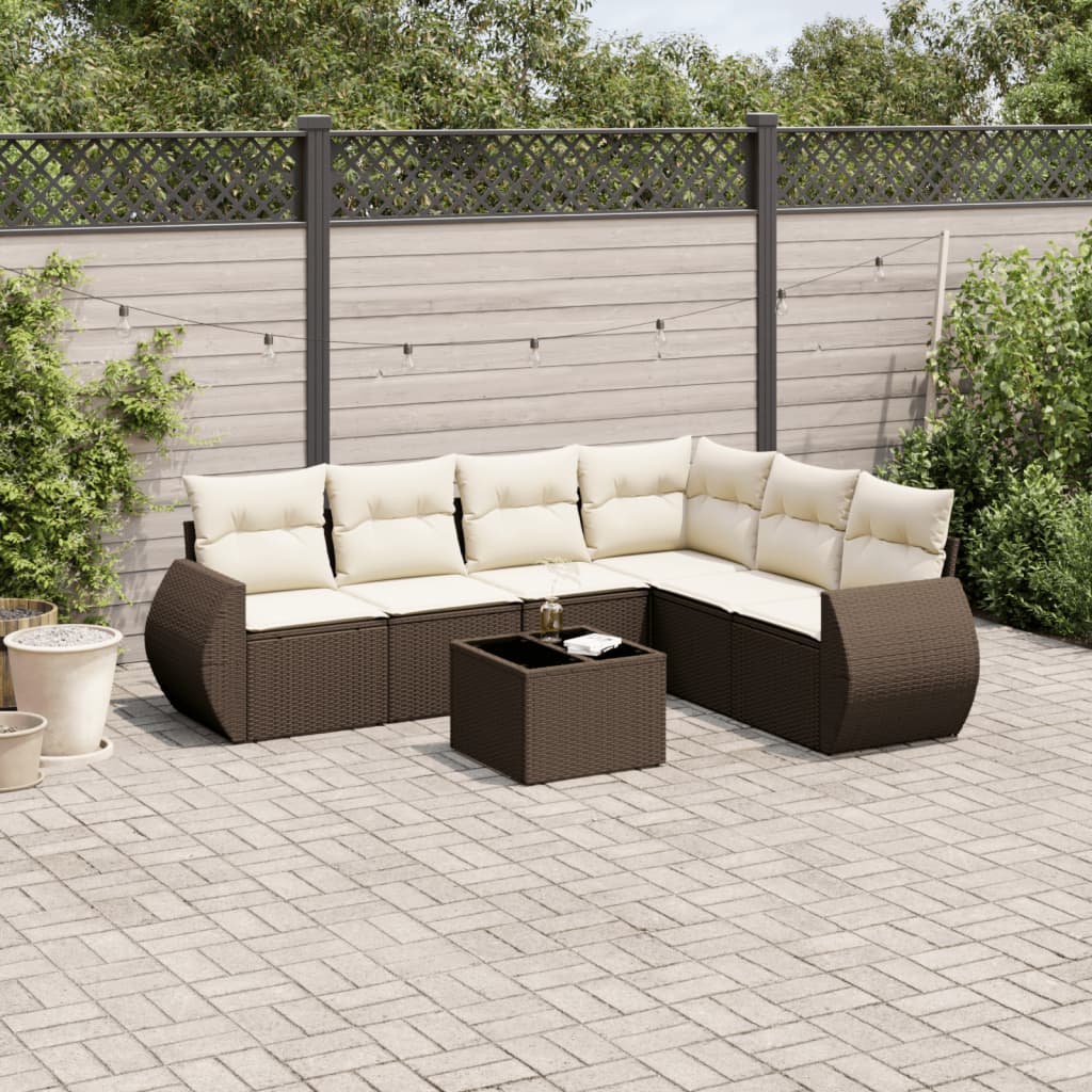 7-delige Loungeset met kussens poly rattan bruin