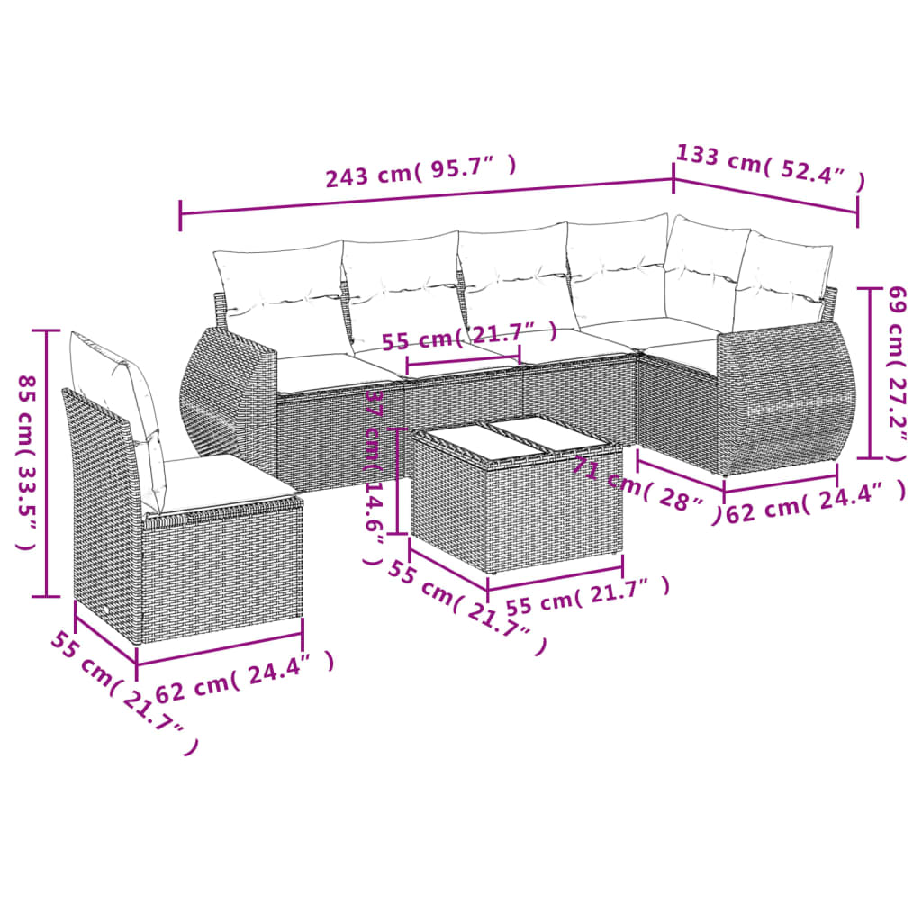 7-delige Loungeset met kussens poly rattan lichtgrijs Tuinsets | Creëer jouw Trendy Thuis | Gratis bezorgd & Retour | Trendy.nl