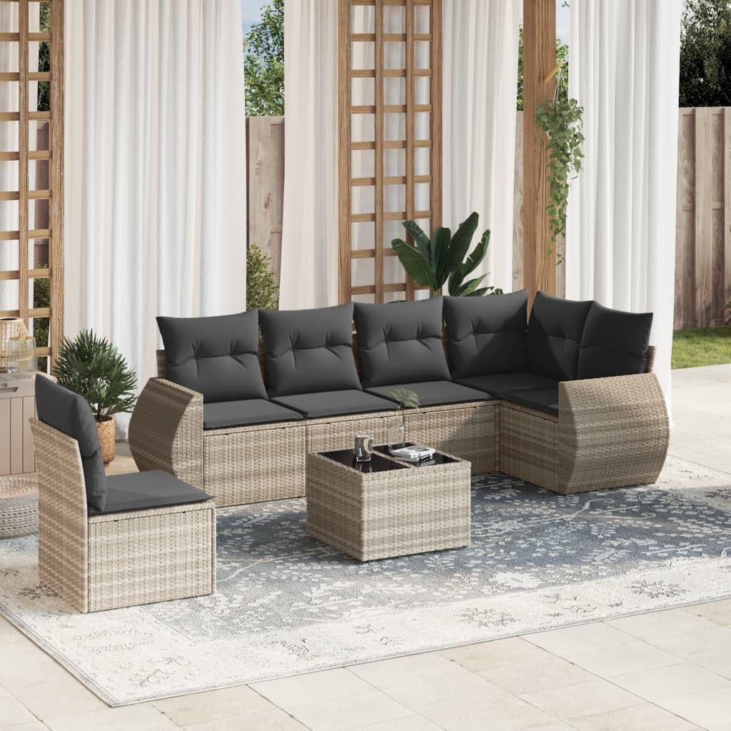 7-delige Loungeset met kussens poly rattan lichtgrijs Tuinsets | Creëer jouw Trendy Thuis | Gratis bezorgd & Retour | Trendy.nl