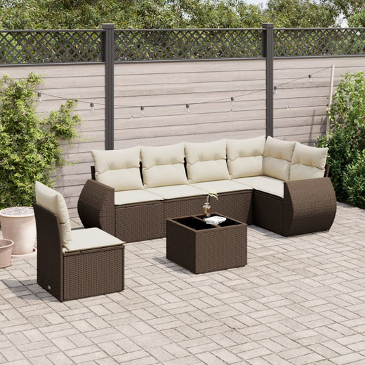 7-delige Loungeset met kussens poly rattan bruin