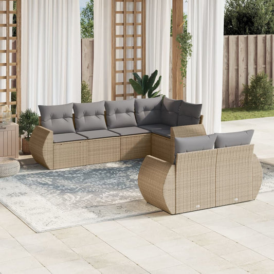 7-delige Loungeset met kussens poly rattan beige