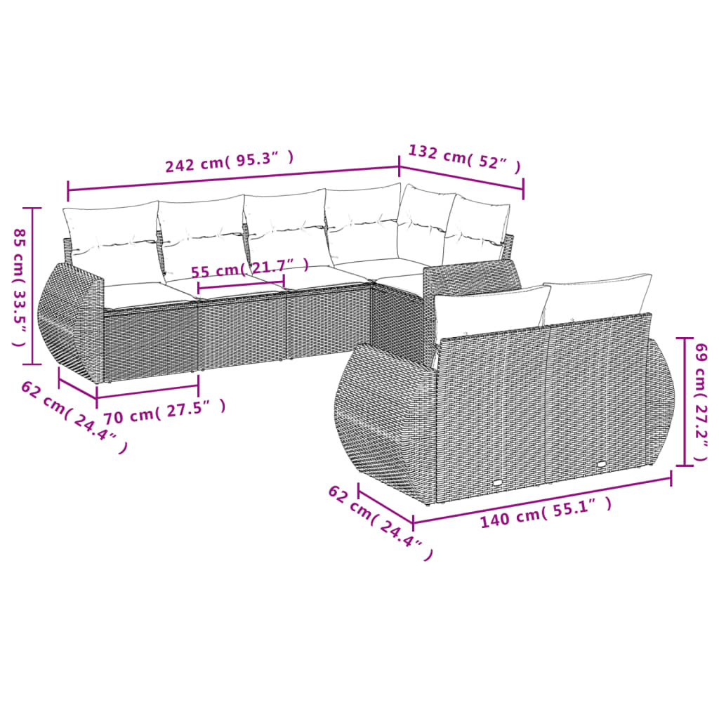 7-delige Loungeset met kussens poly rattan grijs