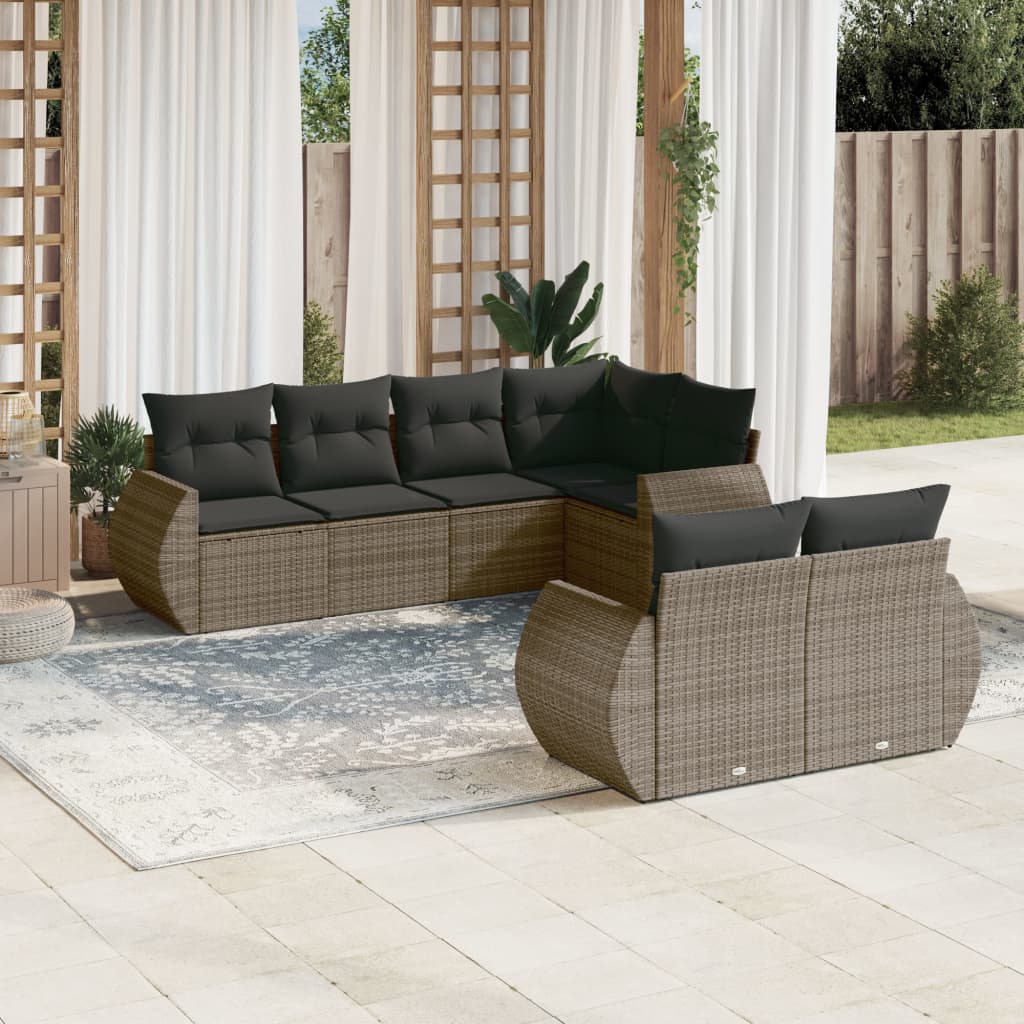 7-delige Loungeset met kussens poly rattan grijs