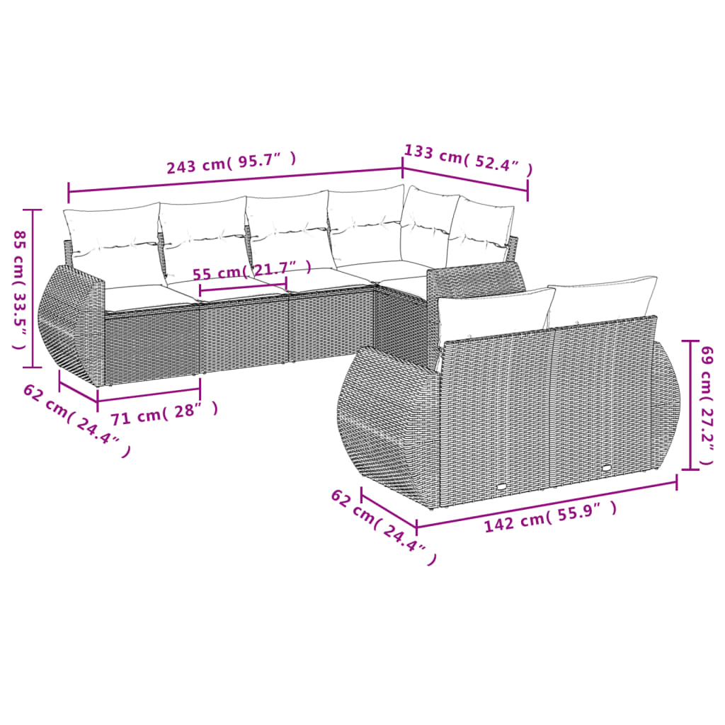 7-delige Loungeset met kussens poly rattan bruin