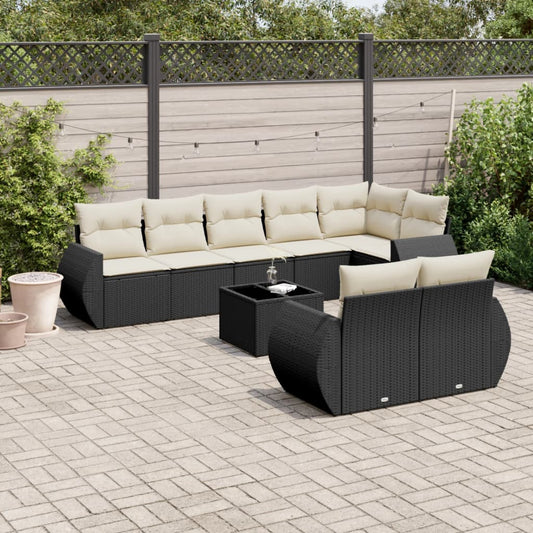 9-delige Loungeset met kussens poly rattan zwart