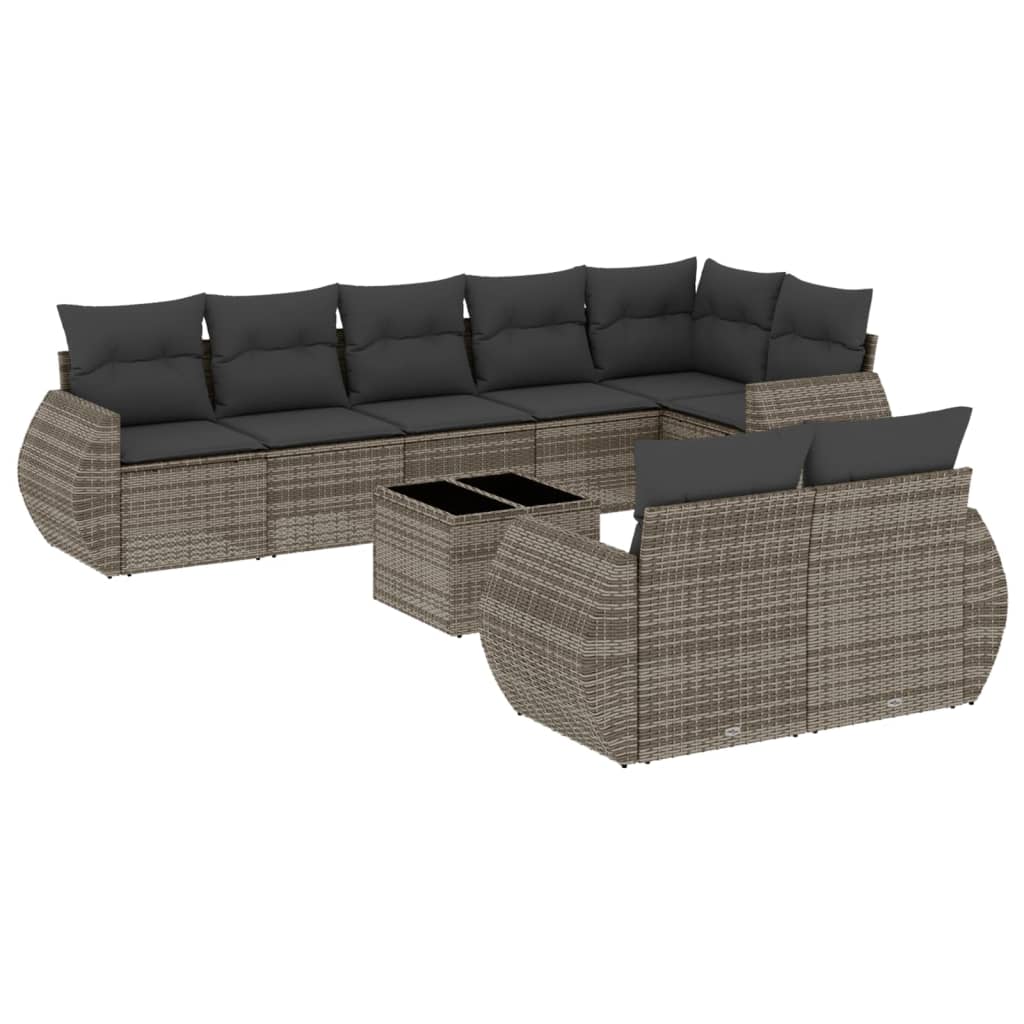 9-delige Loungeset met kussens poly rattan grijs