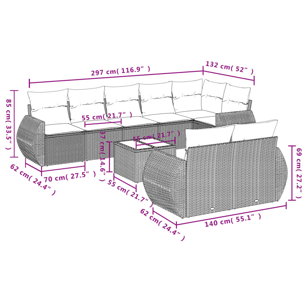 9-delige Loungeset met kussens poly rattan grijs