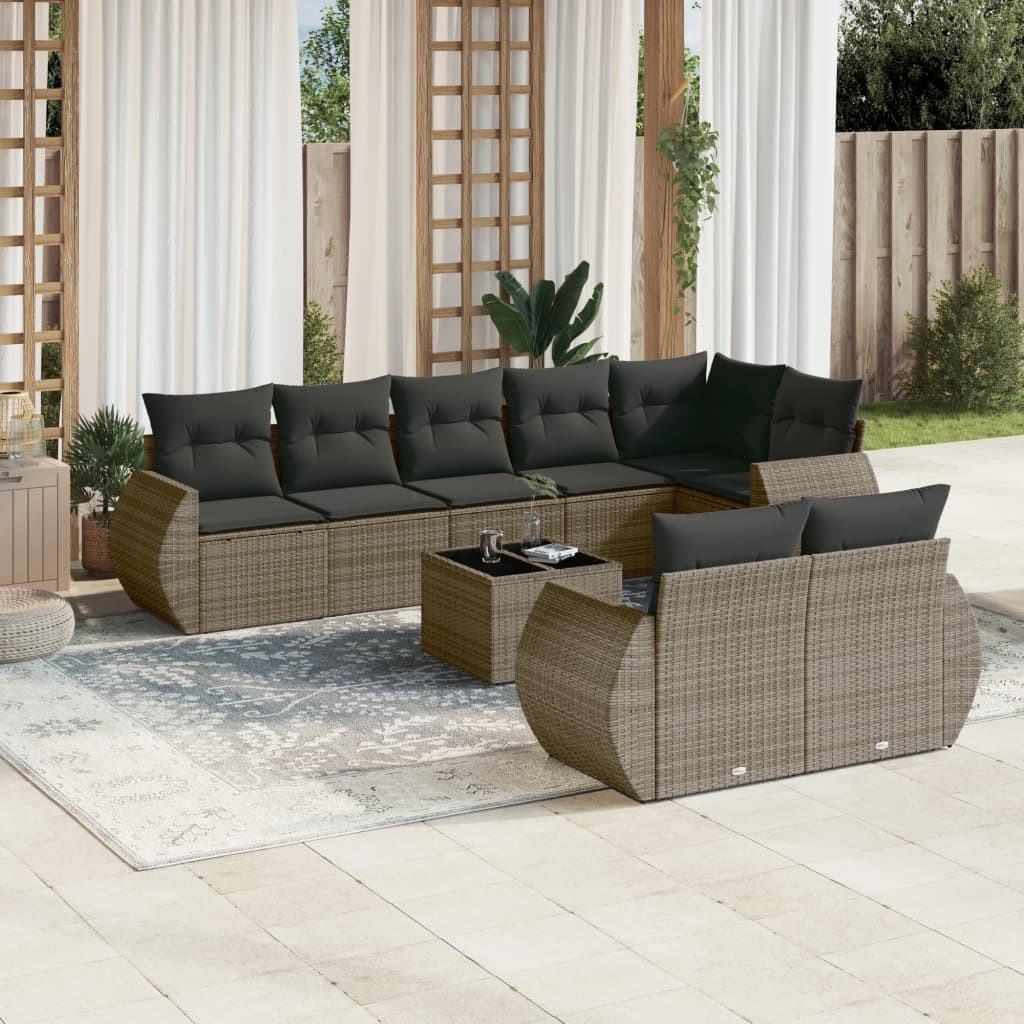 9-delige Loungeset met kussens poly rattan grijs