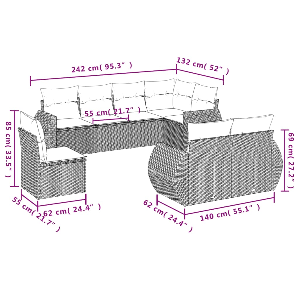 8-delige Loungeset met kussens poly rattan beige