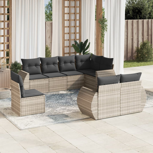 8-delige Loungeset met kussens poly rattan lichtgrijs