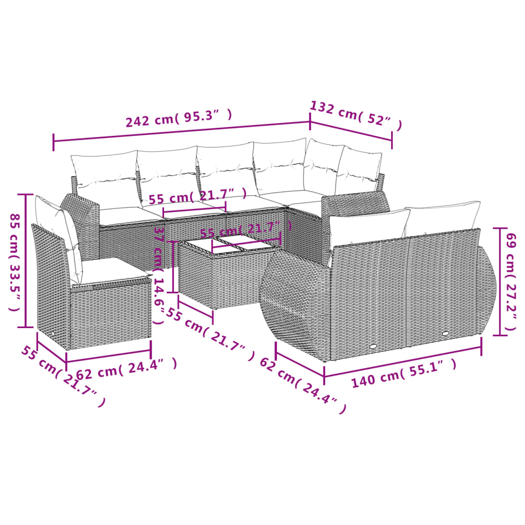 8-delige Loungeset met kussens poly rattan bruin