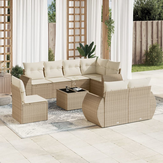 9-delige Loungeset met kussens poly rattan beige