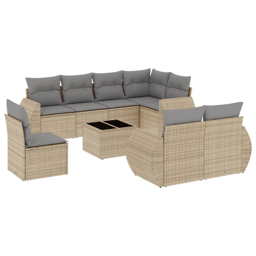 9-delige Loungeset met kussens poly rattan beige