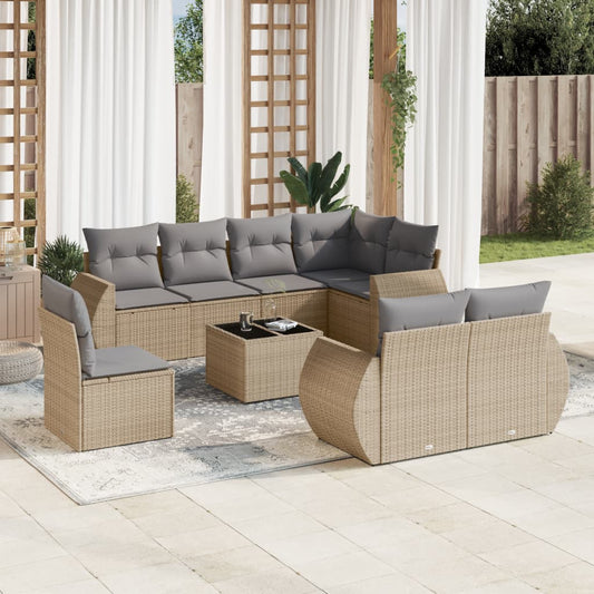 9-delige Loungeset met kussens poly rattan beige