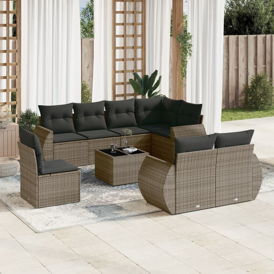 9-delige Loungeset met kussens poly rattan grijs