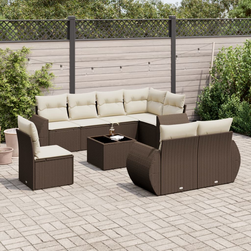 9-delige Loungeset met kussens poly rattan bruin