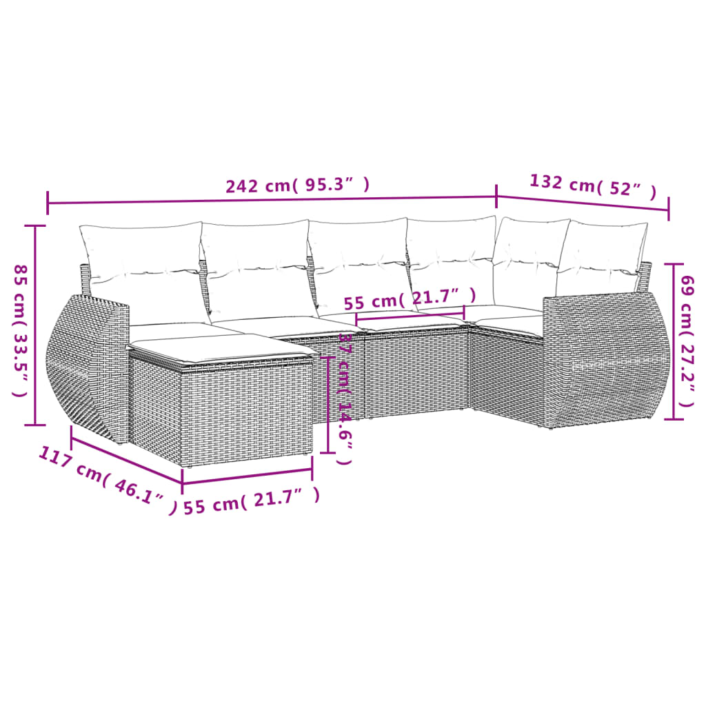 6-delige Loungeset met kussens poly rattan zwart Modulaire tuinbanken | Creëer jouw Trendy Thuis | Gratis bezorgd & Retour | Trendy.nl