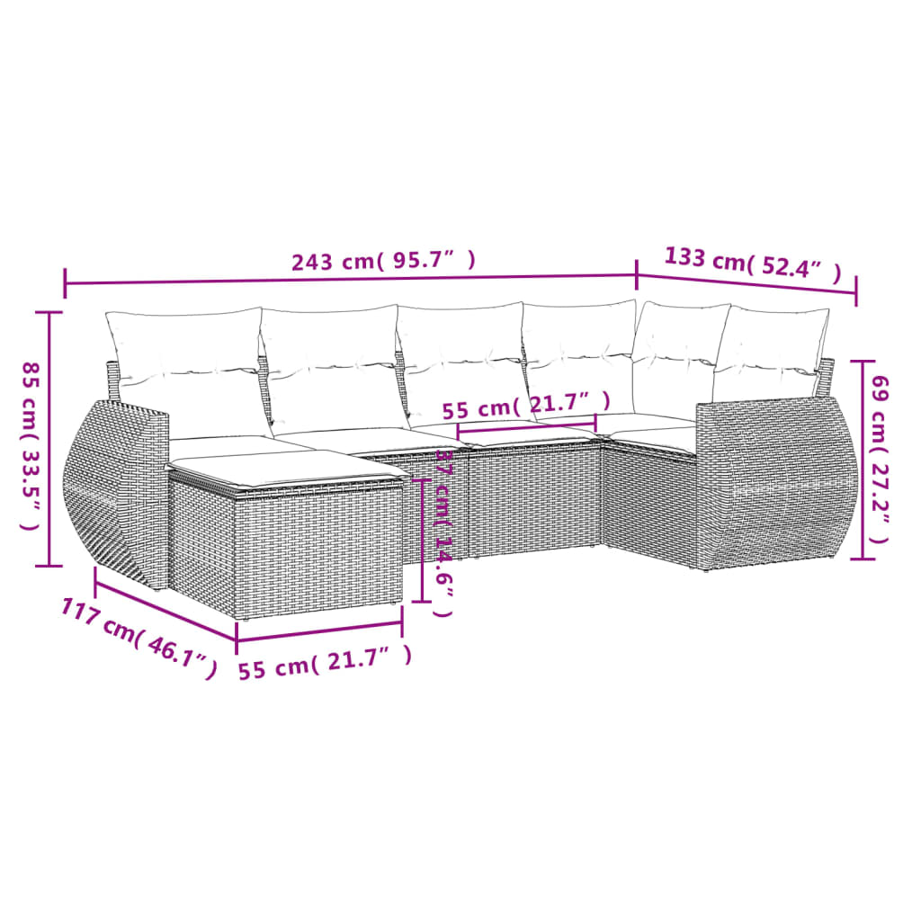 6-delige Loungeset met kussens poly rattan bruin