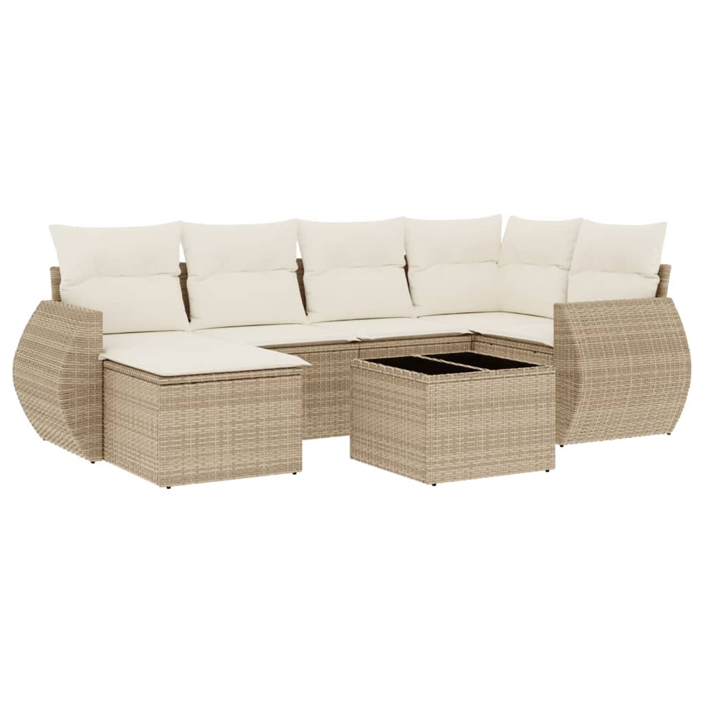 7-delige Loungeset met kussens poly rattan beige