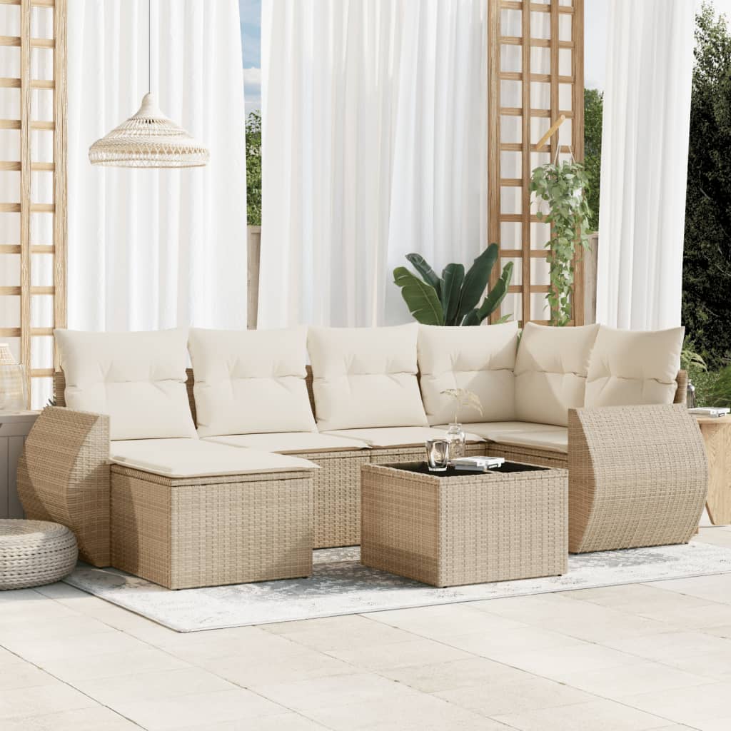 7-delige Loungeset met kussens poly rattan beige