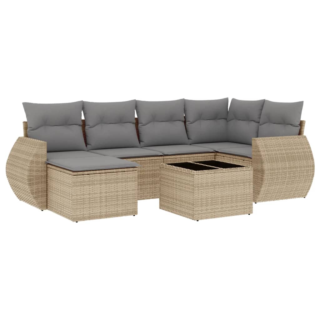 7-delige Loungeset met kussens poly rattan beige