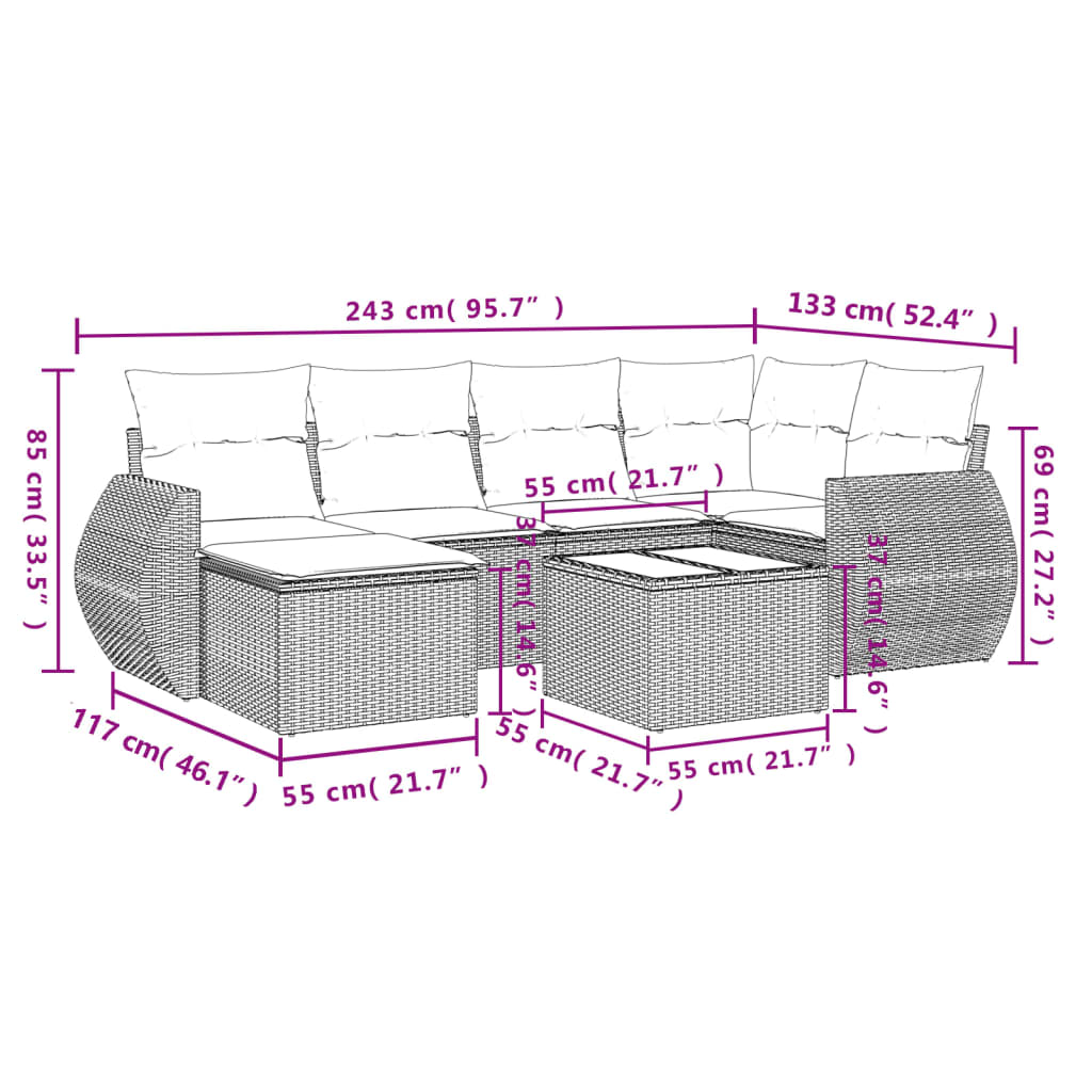 7-delige Loungeset met kussens poly rattan beige