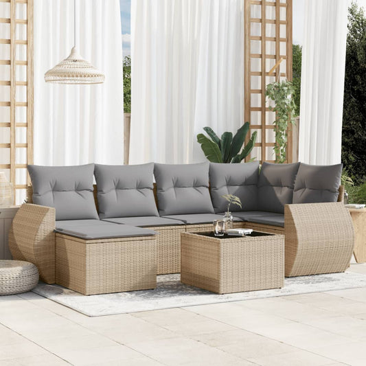 7-delige Loungeset met kussens poly rattan beige