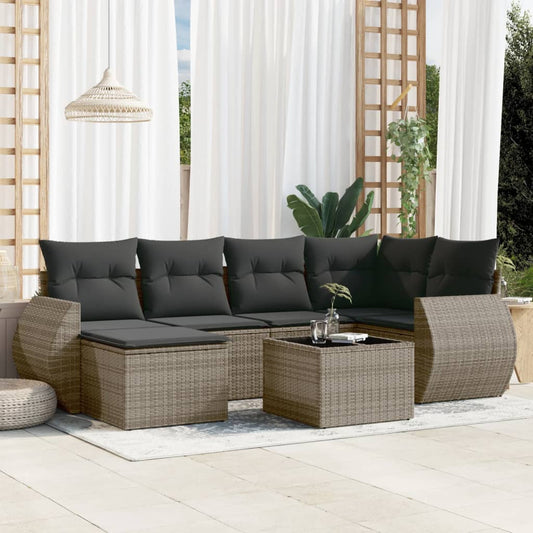 7-delige Loungeset met kussens poly rattan grijs