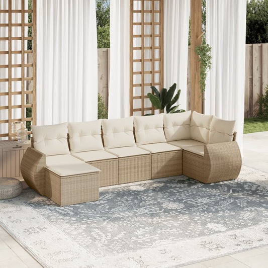 7-delige Loungeset met kussens poly rattan beige