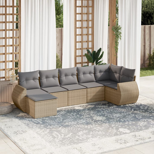 7-delige Loungeset met kussens poly rattan beige