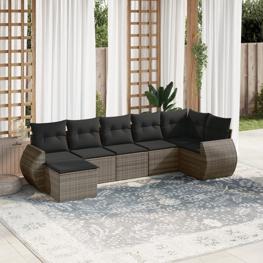 7-delige Loungeset met kussens poly rattan grijs