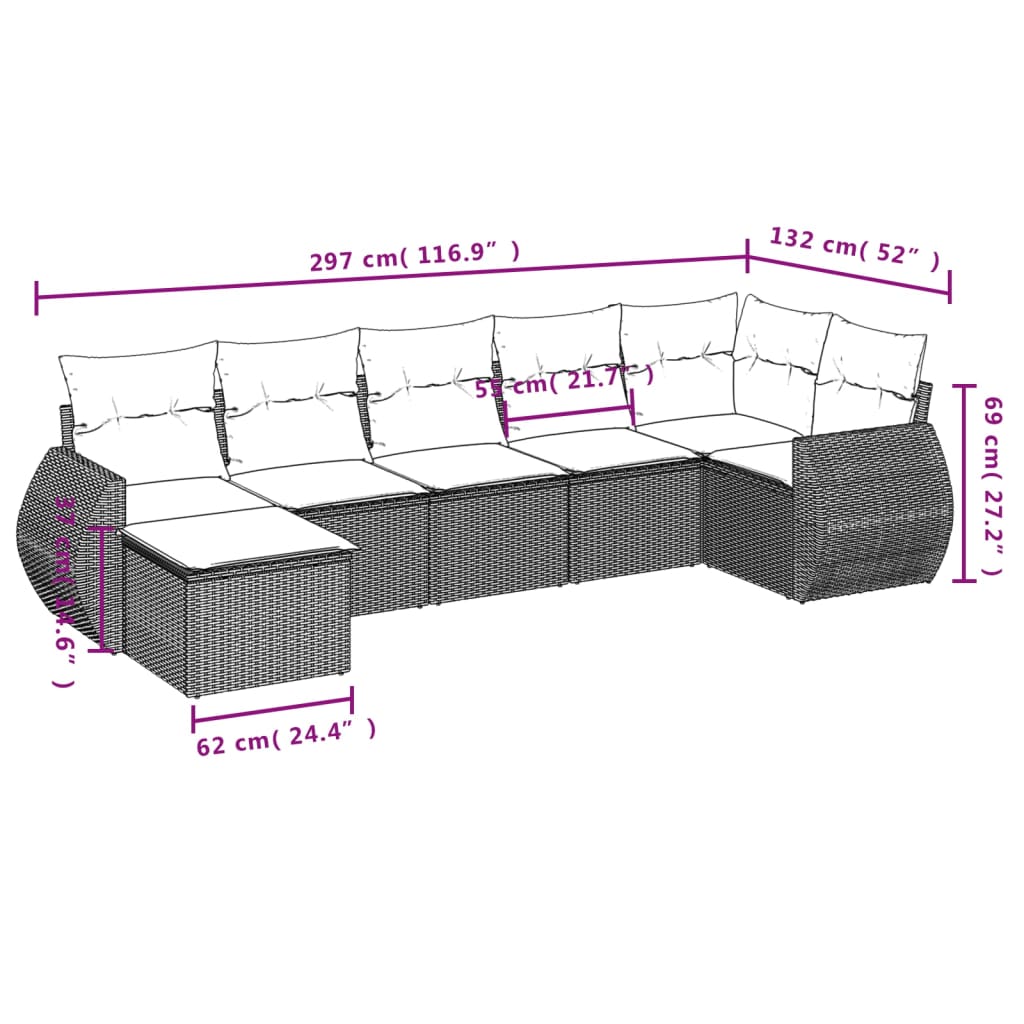 7-delige Loungeset met kussens poly rattan lichtgrijs