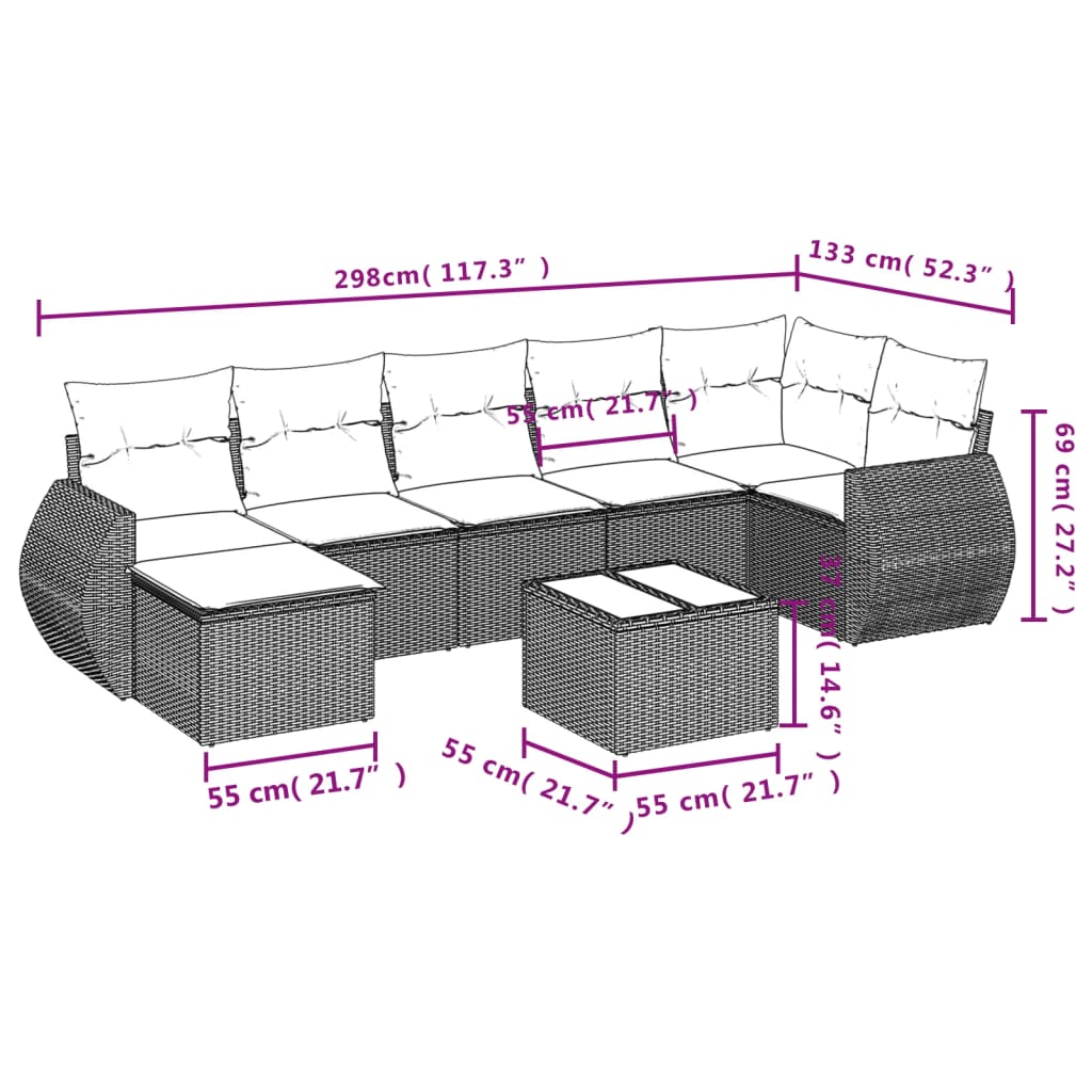 8-delige Loungeset met kussens poly rattan bruin