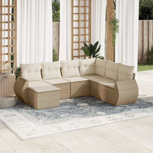 7-delige Loungeset met kussens poly rattan beige