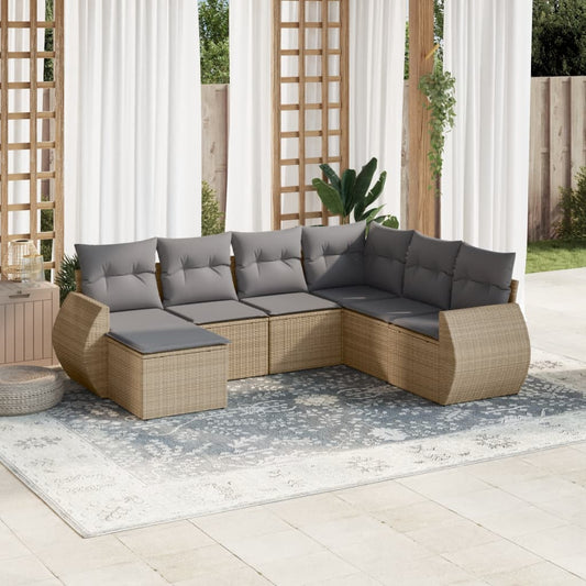 7-delige Loungeset met kussens poly rattan beige