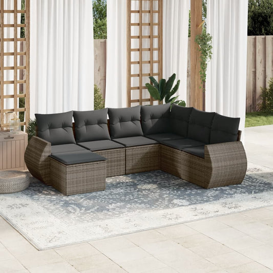 7-delige Loungeset met kussens poly rattan grijs