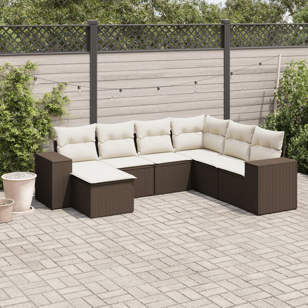 7-delige Loungeset met kussens poly rattan bruin