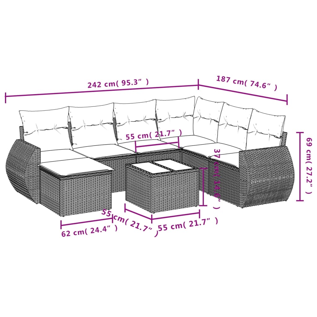 8-delige Loungeset met kussens poly rattan beige