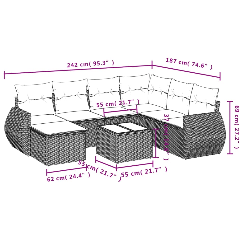 8-delige Loungeset met kussens poly rattan bruin