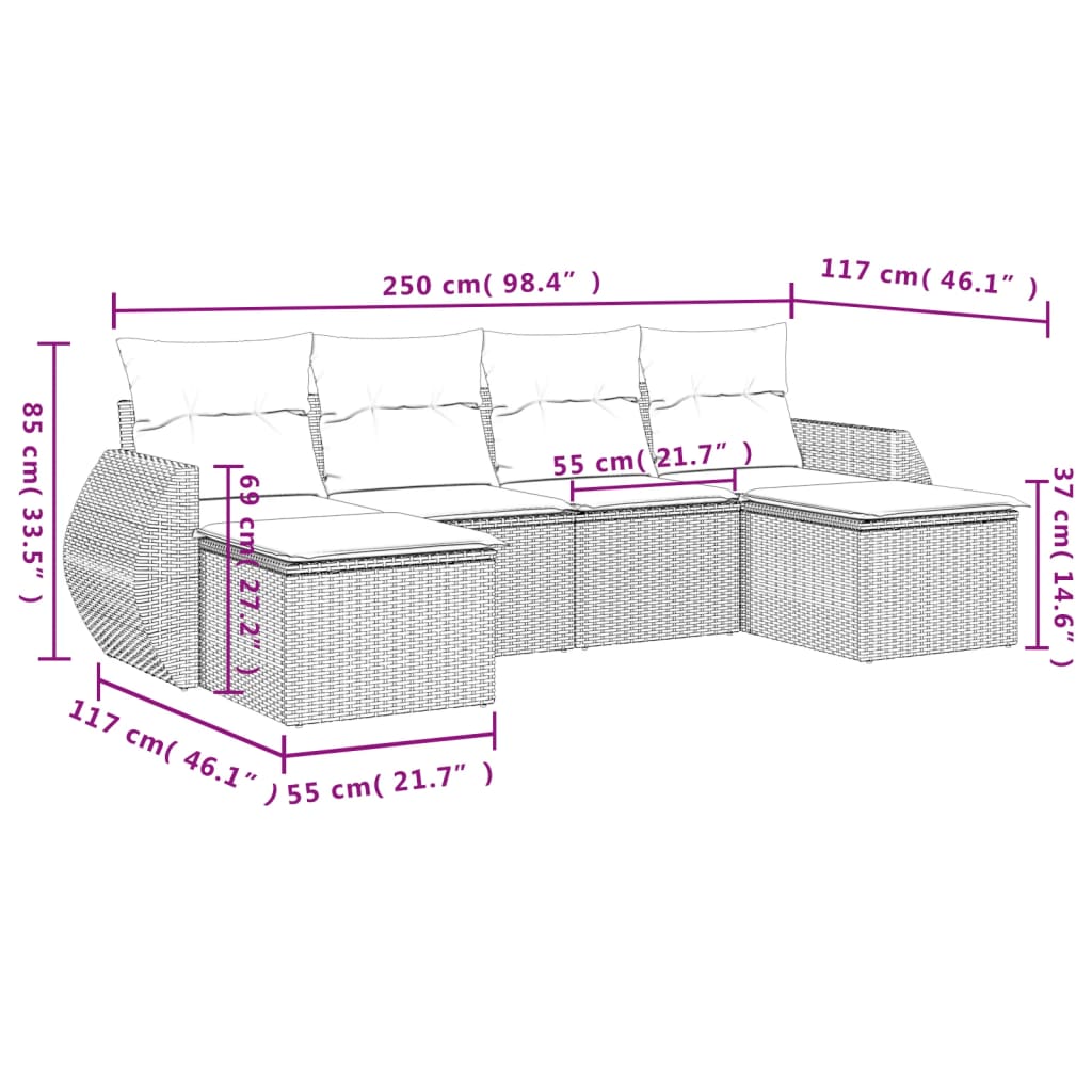 6-delige Loungeset met kussens poly rattan zwart Modulaire tuinbanken | Creëer jouw Trendy Thuis | Gratis bezorgd & Retour | Trendy.nl