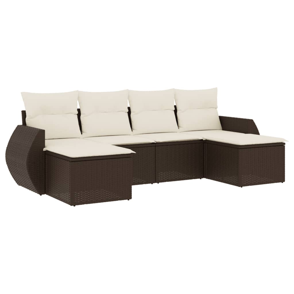 6-delige Loungeset met kussens poly rattan bruin