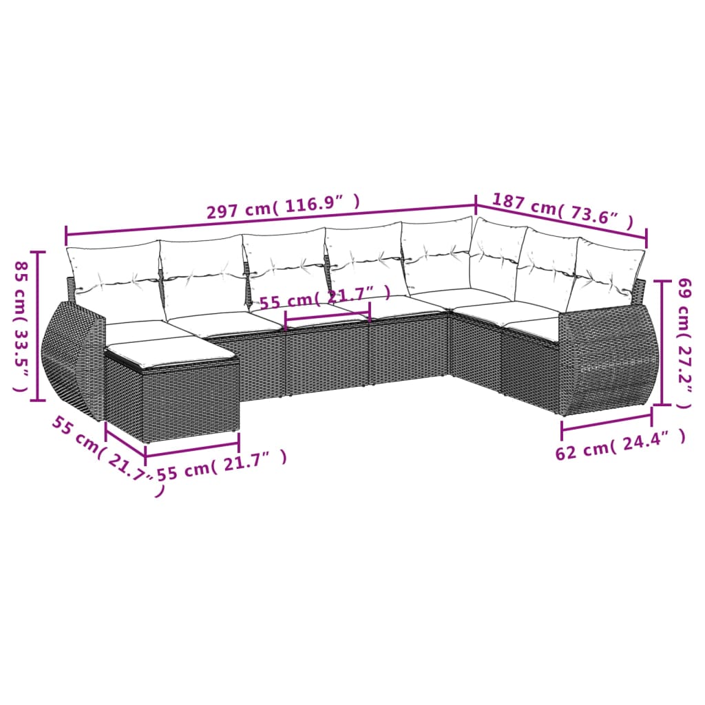 8-delige Loungeset met kussens poly rattan bruin