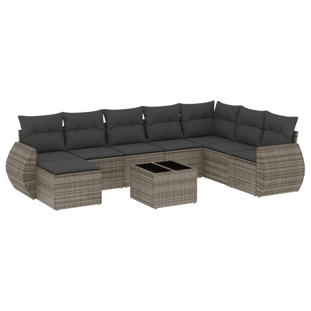 9-delige Loungeset met kussens poly rattan grijs