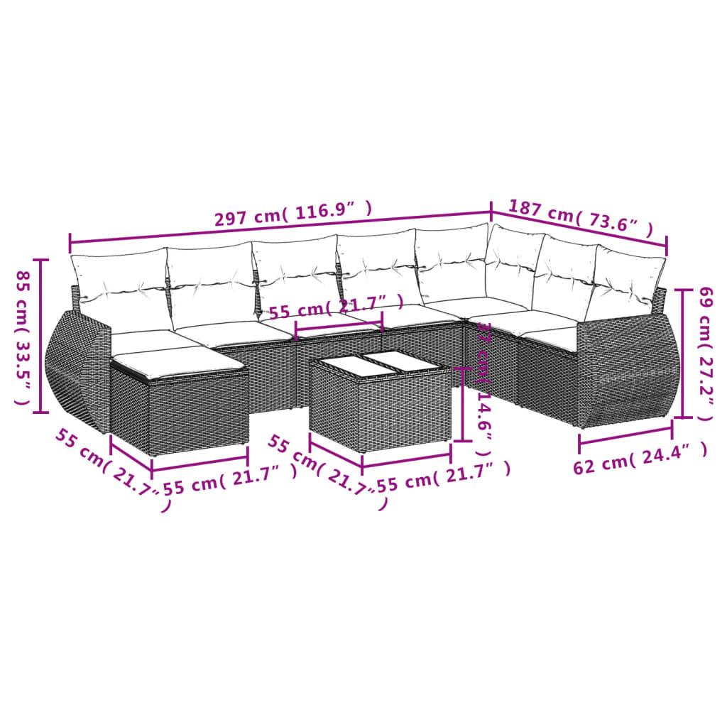 9-delige Loungeset met kussens poly rattan grijs