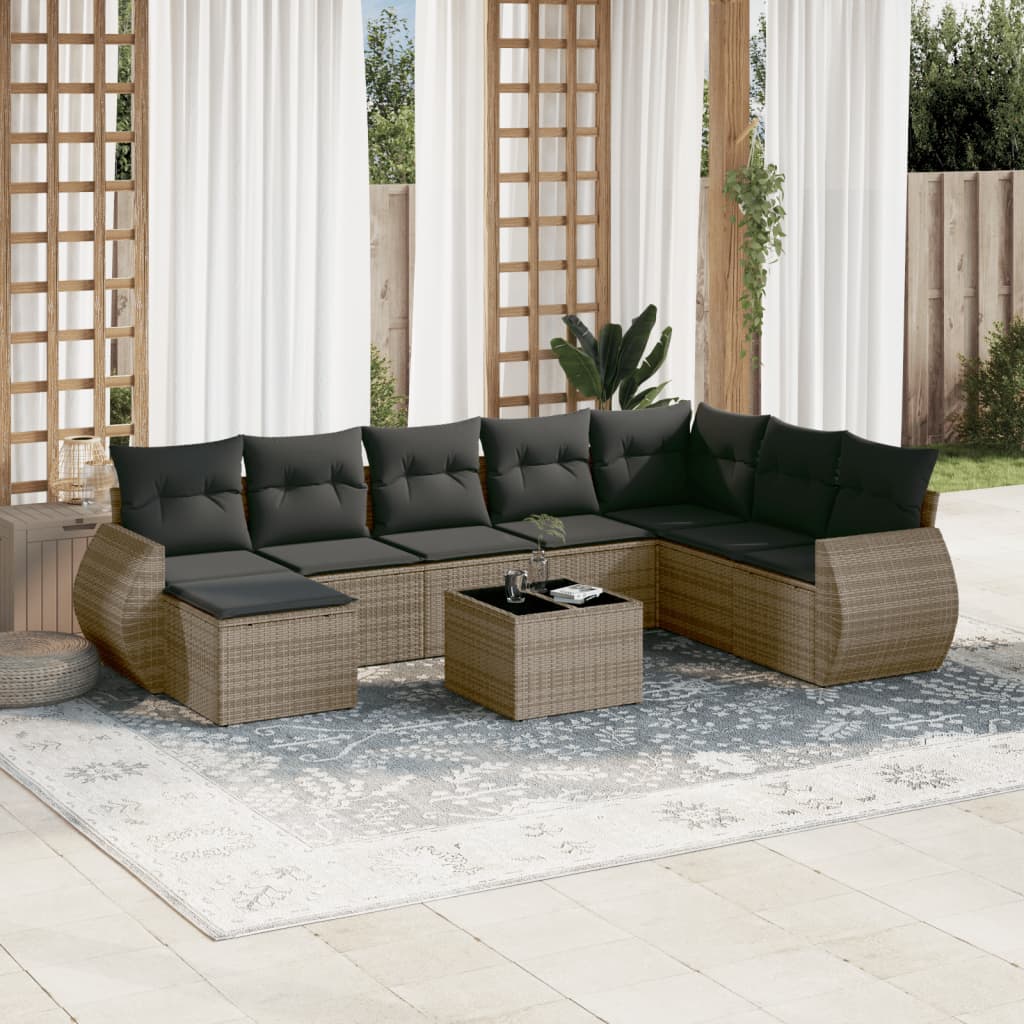 9-delige Loungeset met kussens poly rattan grijs